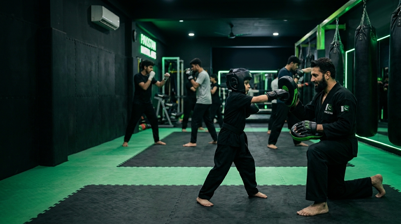 Martial arts coach training a student